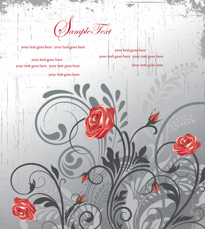 Vintage invitation card with ornate elegant retro abstract floral design, red and gray flowers and leaves on scratch textured light gray background with text label. Vector illustration.のイラスト素材