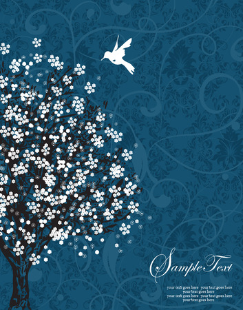 Vintage invitation card with ornate elegant retro abstract floral tree design, black tree with white flowers and leaves on midnight blue background with bird and text label. Vector illustration.のイラスト素材