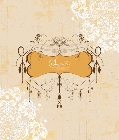 Vintage invitation card with ornate elegant retro abstract floral design, white and chocolate brown flowers and leaves on beige background with plaque text label. Vector illustration.のイラスト素材