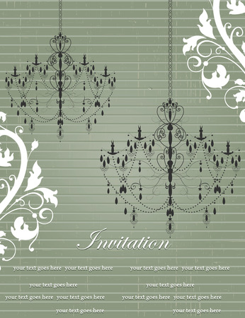Vintage invitation card with ornate elegant retro abstract floral design, white flowers and leaves on laurel green background with chandeliers stripes and text label. Vector illustration.のイラスト素材