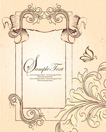 Vintage invitation card with ornate elegant retro abstract floral design, dark brown and beige flowers and leaves on scratch textured beige background with sash banner frame borders butterfly and text label. Vector illustration.のイラスト素材
