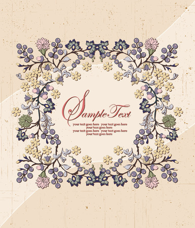 Vintage invitation card with ornate elegant retro abstract floral design, multi-colored flowers and leaves on scratch textured beige background with text label. Vector illustration.のイラスト素材