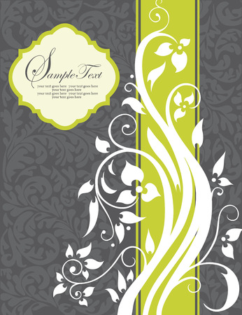 Vintage invitation card with ornate elegant retro abstract floral design, white flowers and leaves on gray and dark gray background with yellow green ribbon and plaque text label. Vector illustration.のイラスト素材
