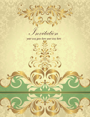 Vintage invitation card with ornate elegant retro abstract floral design, shiny gold flowers and leaves on shiny yellow and green background with text label. Vector illustration.のイラスト素材