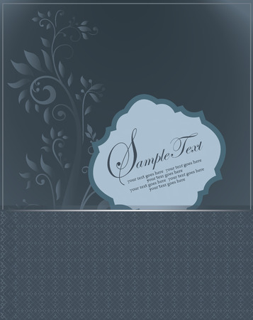 Vintage invitation card with ornate elegant retro abstract floral design, electric blue flowers and leaves on midnight blue background with plaque text label. Vector illustration.のイラスト素材