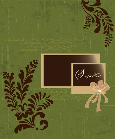 Vintage invitation card with ornate elegant retro abstract floral design, brown flowers and leaves on scratch textured olive green background with card text label. Vector illustration.のイラスト素材