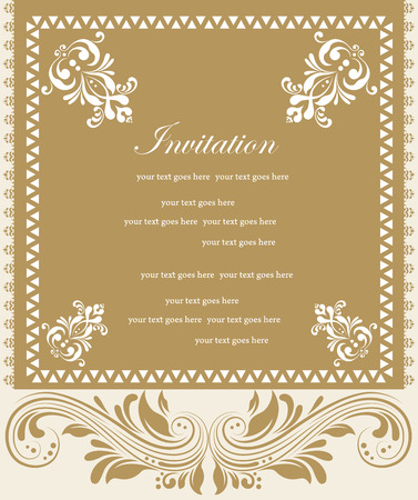 Vintage invitation card with ornate elegant retro abstract floral design, beige and light brown flowers and leaves on light brown and beige background with frame borders and text label. Vector illustration.のイラスト素材