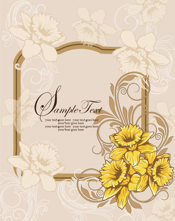 Vintage invitation card with ornate elegant retro abstract floral design, yellow and beige flowers and leaves on grayish beige background with frame text label. Vector illustration.のイラスト素材