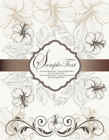 Vintage invitation card with ornate elegant retro abstract floral design, gray and dark gray flowers and leaves on light gray background with ribbon and plaque text label. Vector illustration.のイラスト素材