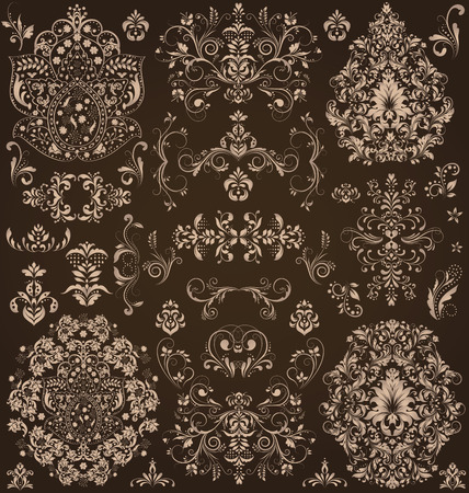 Vintage background with ornate elegant retro abstract floral design, light brownish gray flowers and leaves on dark chocolate brown background. Vector illustration.のイラスト素材