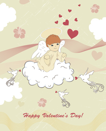 Vintage Valentine card with ornate elegant retro abstract design, featuring cupid angel on cloud flowers hearts birds and ribbon on greenish gray background with text label. Vector illustration.のイラスト素材