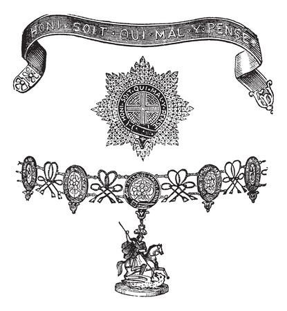 Old engraved illustration of Insignia of the Order of the Garter isolated on a white background.のイラスト素材