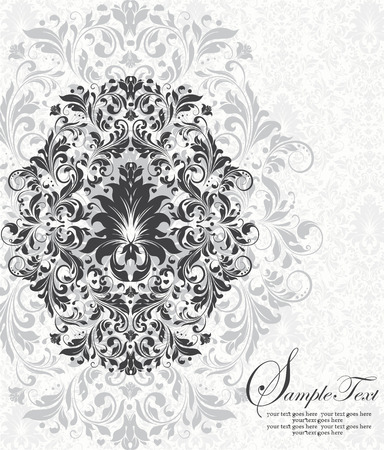 Vintage invitation card with ornate elegant abstract floral design, gray flowers on light gray background. Vector illustration.のイラスト素材