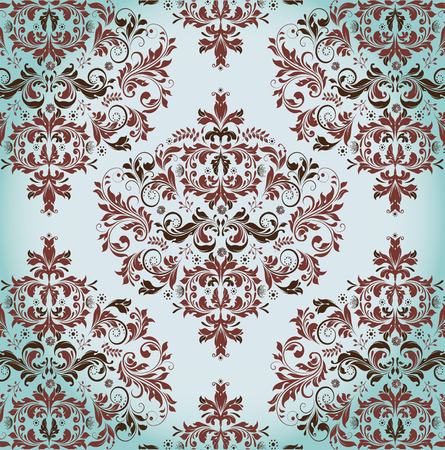 Vintage background with ornate elegant abstract floral design, brown and dark red flowers on sky blue background. Vector illustration.のイラスト素材
