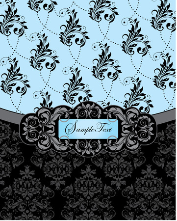 Vintage invitation cards with ornate elegant abstract floral design, black flowers on sky blue background and gray flowers on black background with ribbon. Vector illustration.のイラスト素材