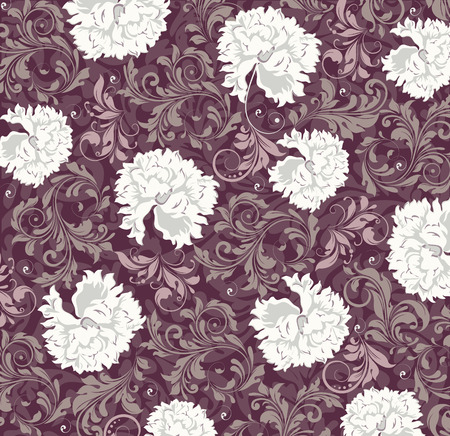 Vintage background with ornate elegant abstract floral design, white and gray flowers on purple. Vector illustration.のイラスト素材