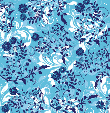 Vintage background with ornate elegant abstract floral design, midnight blue and white flowers on light blue. Vector illustration.のイラスト素材