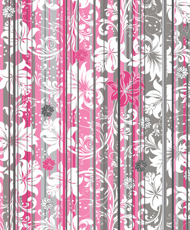 Vintage background with ornate elegant retro abstract floral design, white and pink flowers on gray background with stripes. Vector illustration.のイラスト素材