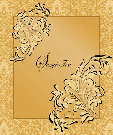 Vintage invitation card with ornate elegant abstract floral design, light yellow flowers on saffron yellow background with frame. Vector illustration.のイラスト素材