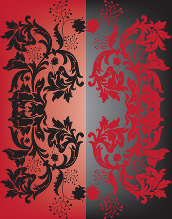 Vintage background with ornate elegant retro abstract floral design, black and red flowers and leaves on gradient red and black background with bi-section. Vector illustration.のイラスト素材