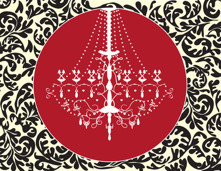Vintage background with ornate elegant retro abstract floral design, black flowers and leaves on beige background with chandelier on red circle. Vector illustration.のイラスト素材