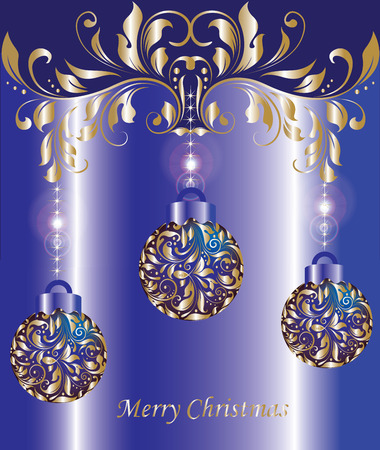 Vintage Christmas card with ornate elegant abstract floral design, shiny gold balls and flowers on royal blue background. Vector illustration.のイラスト素材