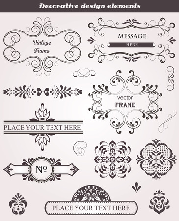 Vintage labels and border elements with ornate elegant retro abstract floral design, dark gray flowers and leaves on light gray background. Vector illustration.のイラスト素材
