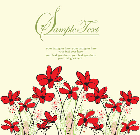 Vintage invitation card with elegant retro floral design, red flowers on yellow. Vector illustration.のイラスト素材