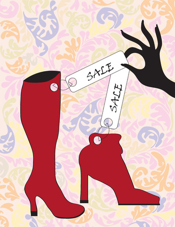 Vintage shoes sale sign with ornate elegant retro floral design, red shoe and boot. Vector illustration.のイラスト素材