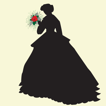 Black silhouette of a bride holding red flowers, on yellow. Vector illustration.のイラスト素材
