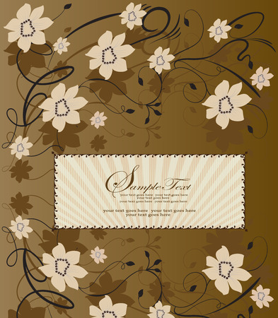 Vintage invitation card with elegant retro abstract floral design, tan flowers on brown. Vector illustration.のイラスト素材