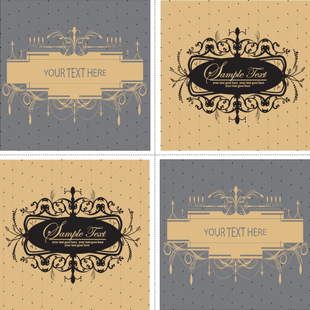 Set of four (4) vintage labels with ornate elegant abstract floral designs, black brown gray. Vector illustration.のイラスト素材