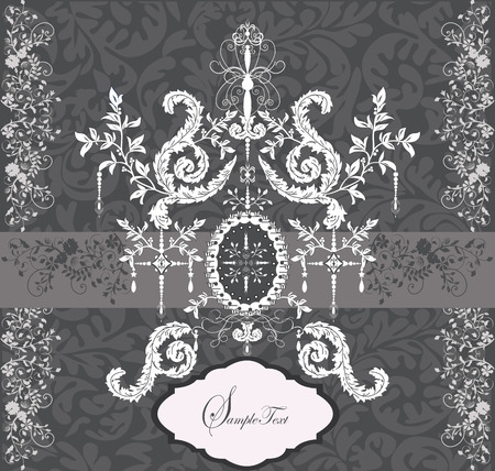 Vintage invitation card with ornate elegant abstract floral design, white and gray with ribbon. Vector illustration.のイラスト素材