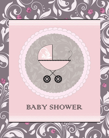 Vintage baby shower invitation card with ornate elegant abstract floral design, purple flowers with baby carriage. Vector illustration.のイラスト素材