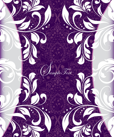 Vintage invitation card with ornate elegant abstract floral design, white and purple on silver. Vector illustration.のイラスト素材