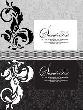 Vintage invitation card with ornate elegant abstract floral design, black white and gray. Vector illustration.のイラスト素材