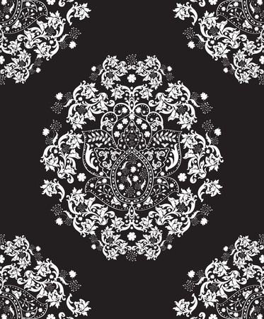 Vintage background with ornate elegant abstract floral design, white on black. Vector illustration.のイラスト素材