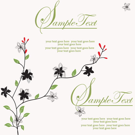 Vintage invitation card with elegant retro abstract floral design, black and white flowers on green. Vector illustration.のイラスト素材