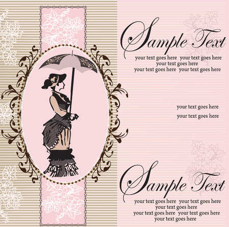 Vintage invitation card with ornate elegant abstract floral design, woman with umbrella and grapes on gray and pink stripes. Vector illustration.のイラスト素材