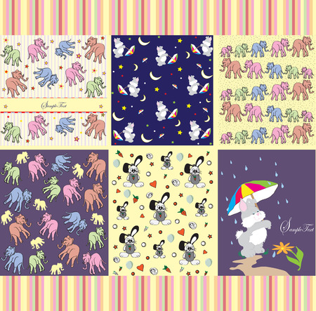 Set of six (6) childrens party invitation cards with cute abstract designs, elephants and rabbits. Vector illustration.のイラスト素材