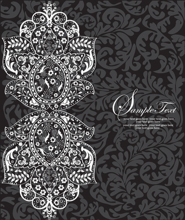Vintage invitation card with ornate elegant abstract floral design, white on black and gray. Vector illustration.のイラスト素材