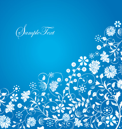 Vintage invitation card with ornate elegant retro abstract floral design, white flowers on blue. Vector illustration.のイラスト素材