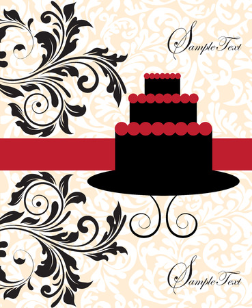 Vintage invitation card with ornate elegant abstract floral design, red and black on flesh and white with three-layer cake. Vector illustration.のイラスト素材