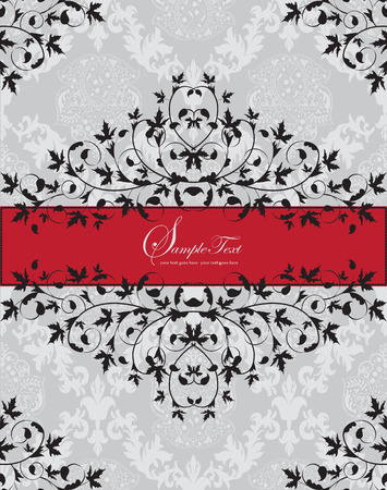 Vintage invitation card with ornate elegant abstract floral design, black leaves on gray with red ribbon. Vector illustration.のイラスト素材