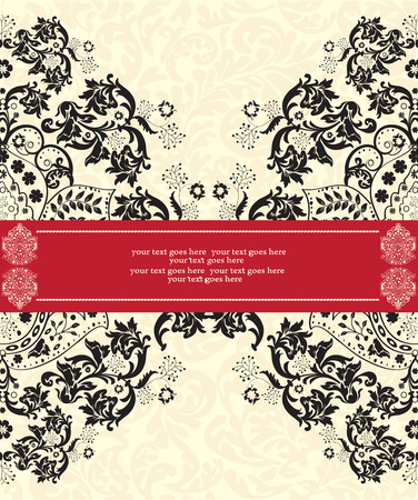 Vintage invitation card with ornate elegant abstract floral design, black flowers on yellow with red ribbon. Vector illustration.のイラスト素材