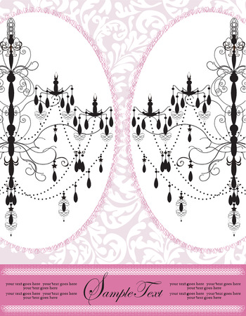Vintage invitation card with ornate elegant abstract floral design, black chandelier on pink. Vector illustration.のイラスト素材