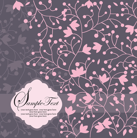 Vintage invitation card with ornate elegant retro abstract floral design, pink flowers on purple. Vector illustration.のイラスト素材
