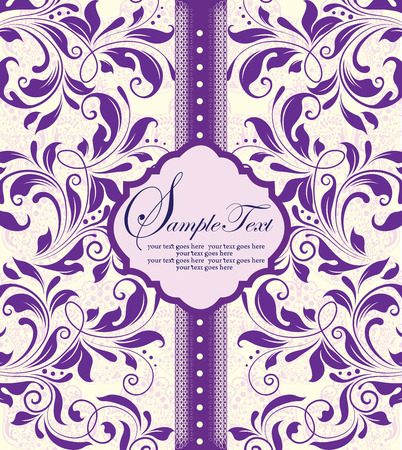 Vintage invitation card with ornate elegant abstract floral design, purple on pink with ribbon. Vector illustration.のイラスト素材