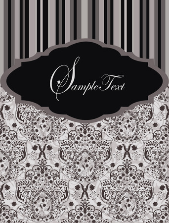 Vintage invitation card with ornate elegant abstract floral design, black and gray with stripes. Vector illustration.のイラスト素材