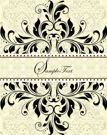 Vintage invitation card with ornate elegant abstract floral design, black on flesh with ribbon. Vector illustration.のイラスト素材